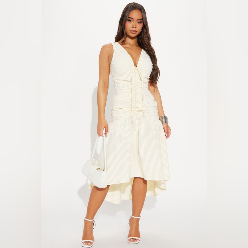 Fashion Nova XL White Butter Yellow Striped Skylar Striped Midi Dress NEW